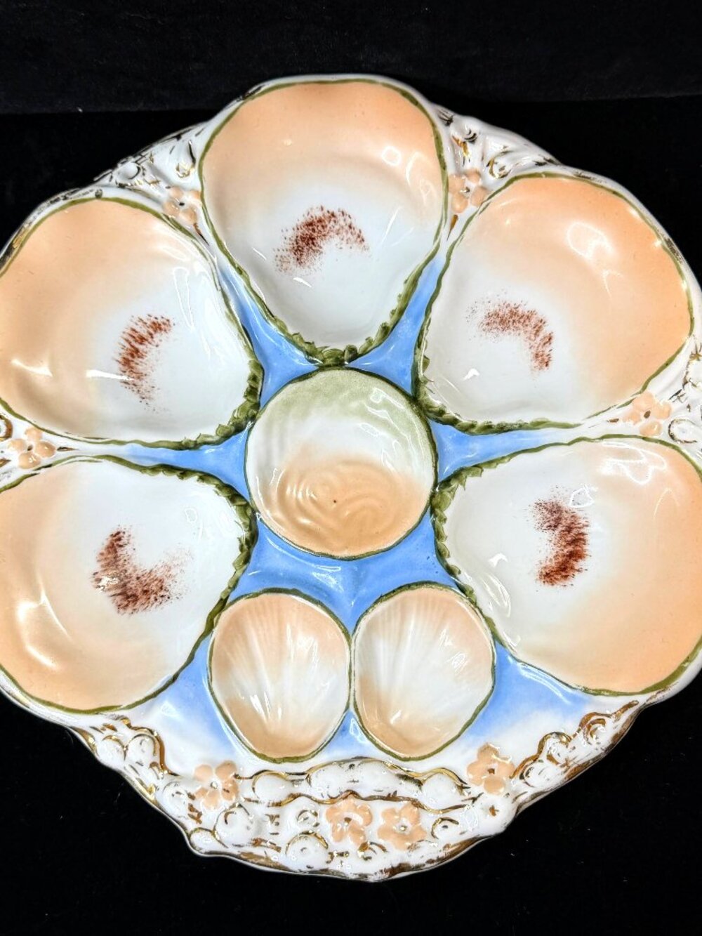 Antique Carl Tielsch CT Germany 6-Well Oyster Plate Peach Blue 9.5" Mint A1245